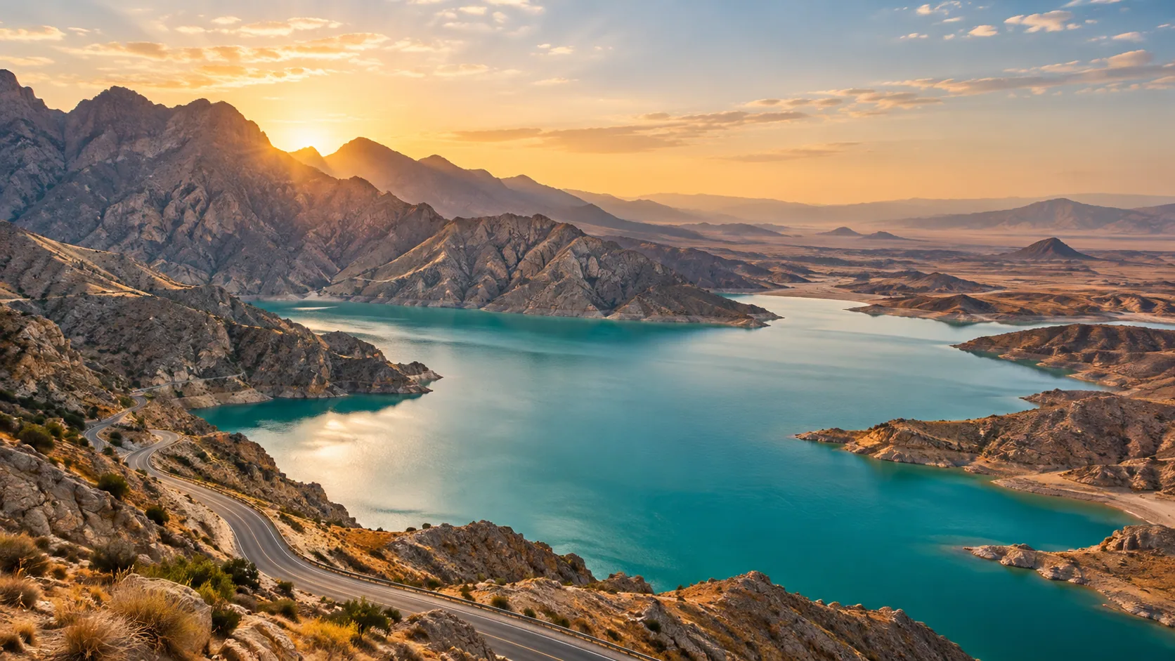 دریاچه فیروزهای و مسیر کوهستانی در طلوع